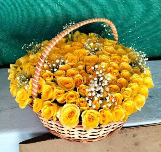 Beautiful Yellow Roses Basket Arrangement with Baby’s Breath Fillers