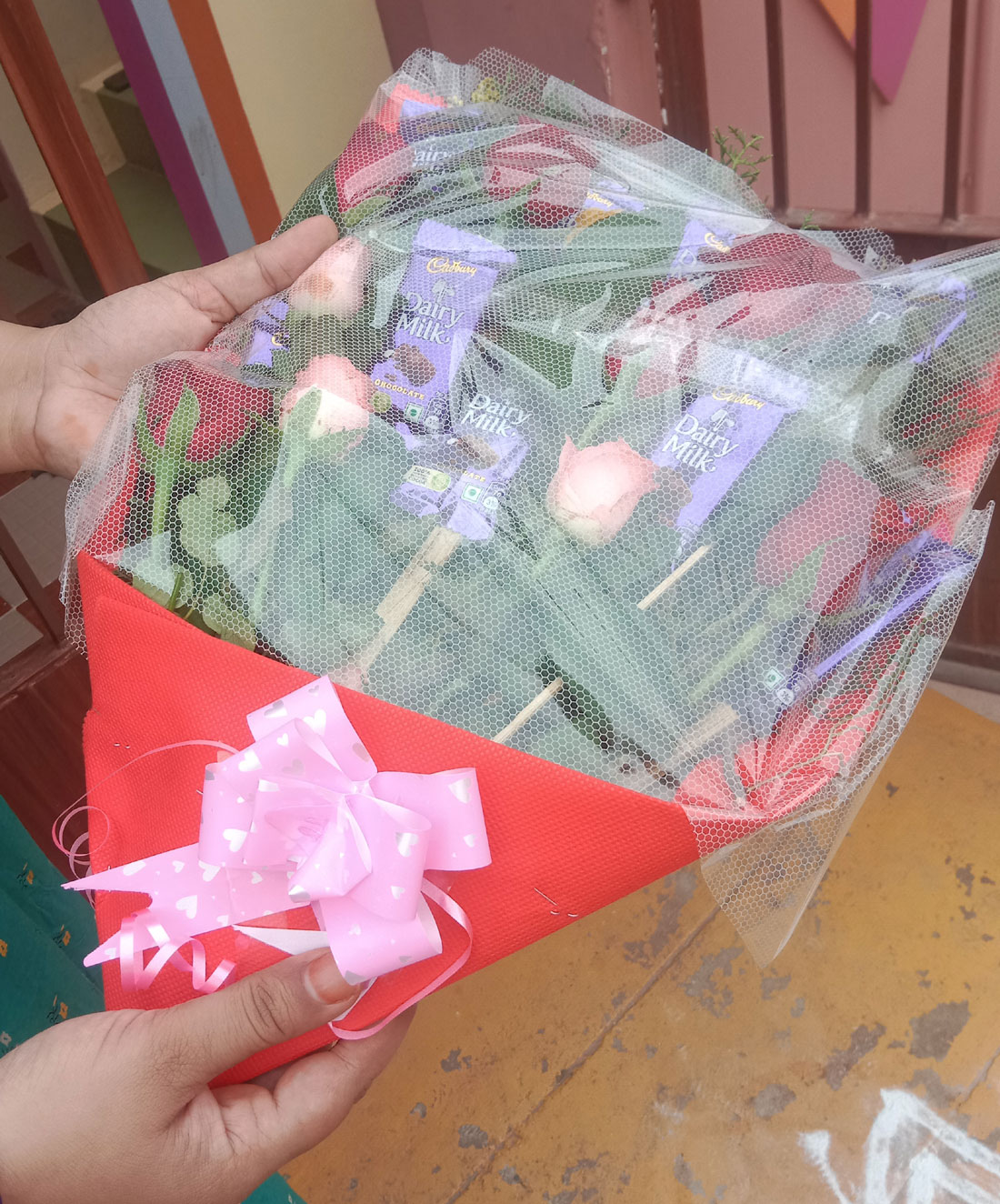 Cadbury Dairy Milk Chocolate and Red Roses Gift Bouquet Arrangement