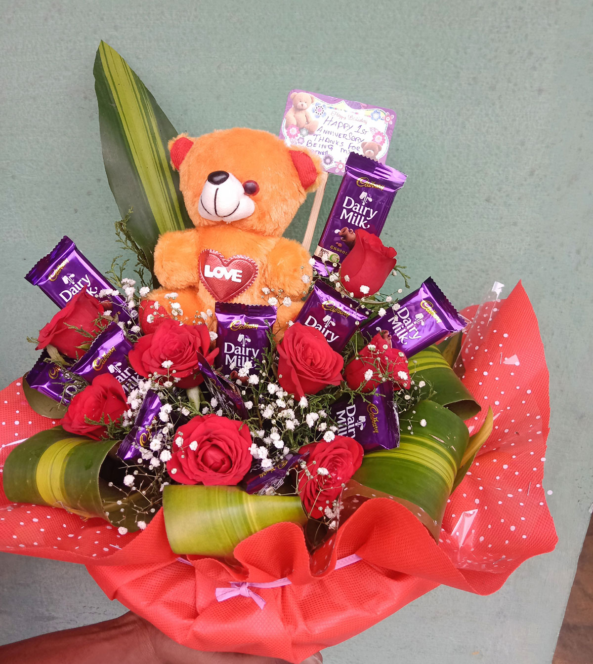 Romantic Chocolate Rose Teddy Bouquet with Dairy Milk Chocolates