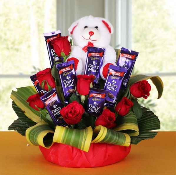 Teddy Bear with Red Roses & Cadbury Dairy Milk Chocolate Bouquet Arrangement